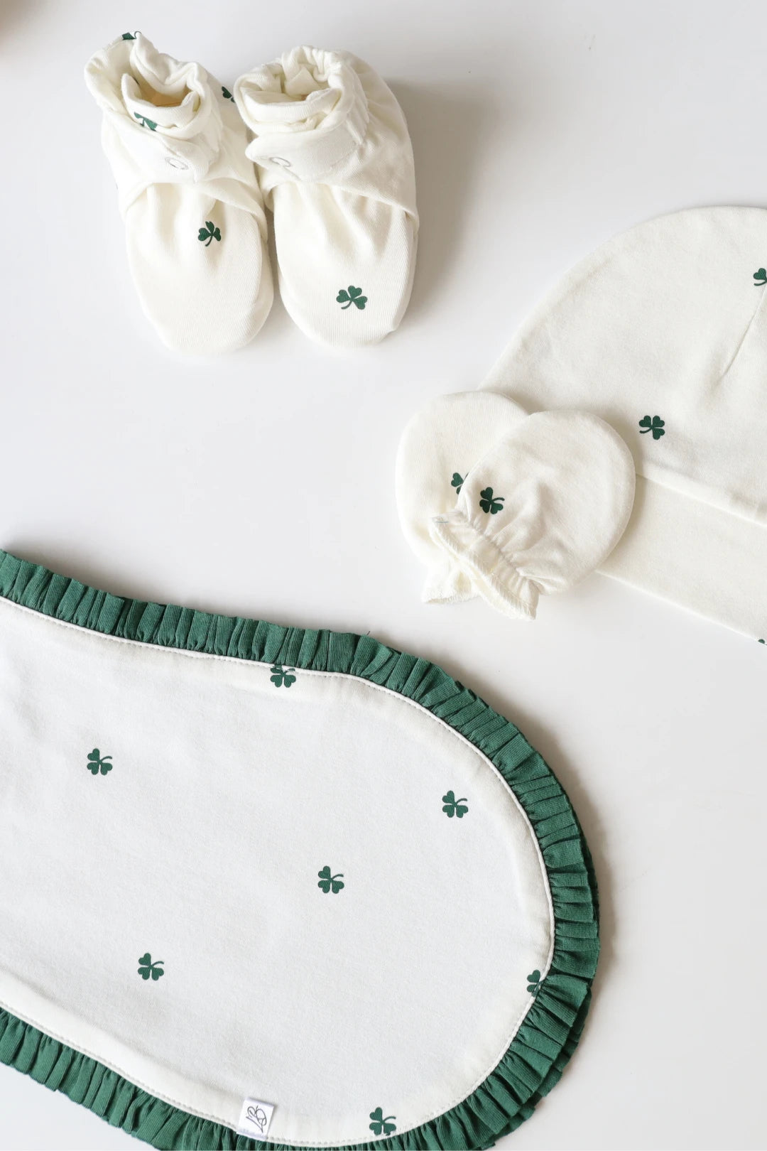 Quad Clover-Cap Mittens Booties and Burp Cloth Combo