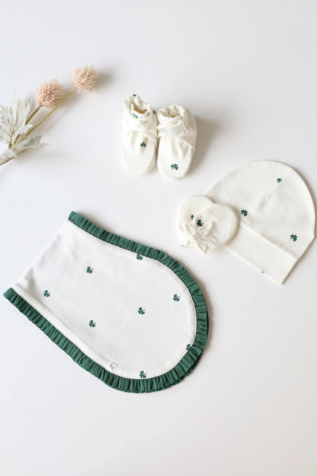Quad Clover-Cap Mittens Booties and Burp Cloth Combo