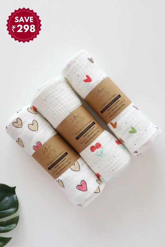Heartie Snuggles-Muslin Baby Swaddle Pack of-3