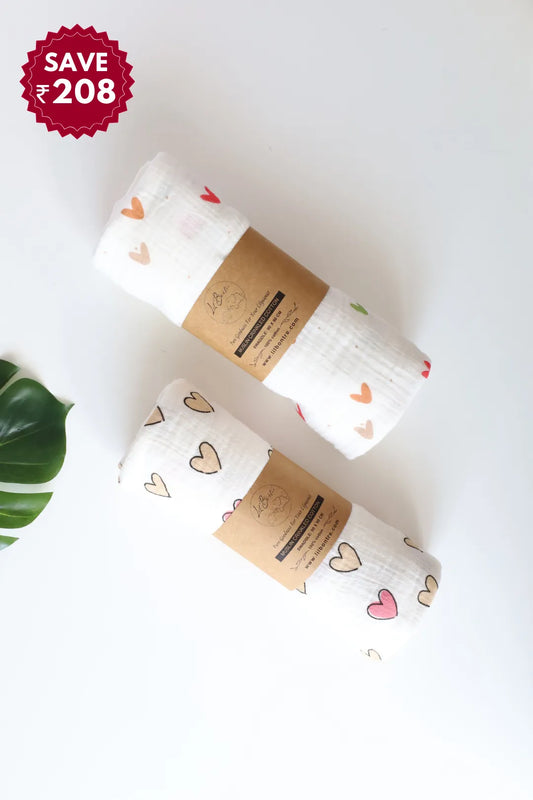 Pair of Hearts-Muslin Baby Swaddle Pack of 2