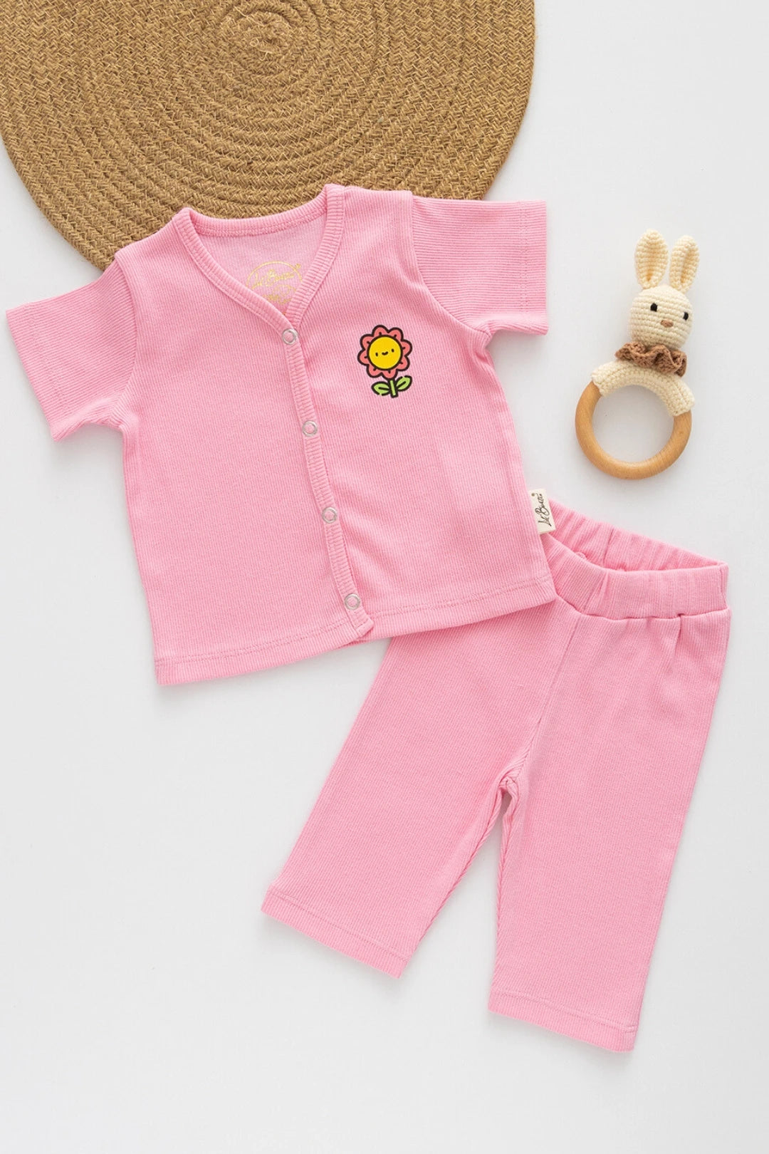 Pink-Posie-RibKnit-Unisex-Baby-Top-and-Pant-Set