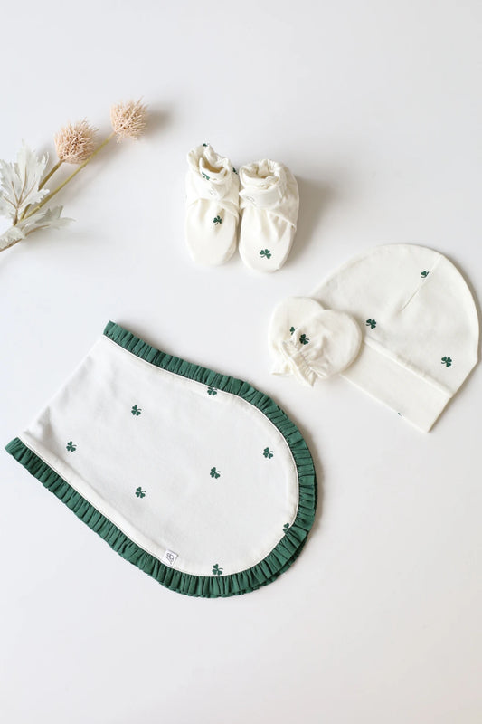 Quad Clover-Cap Mittens Booties and Burp Cloth Combo