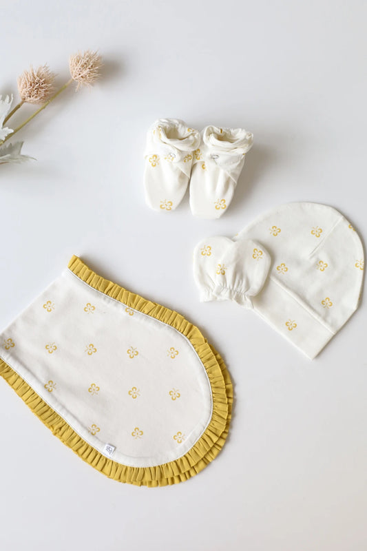 Quad Flitter-Cap Mittens Booties and Burp Cloth Combo