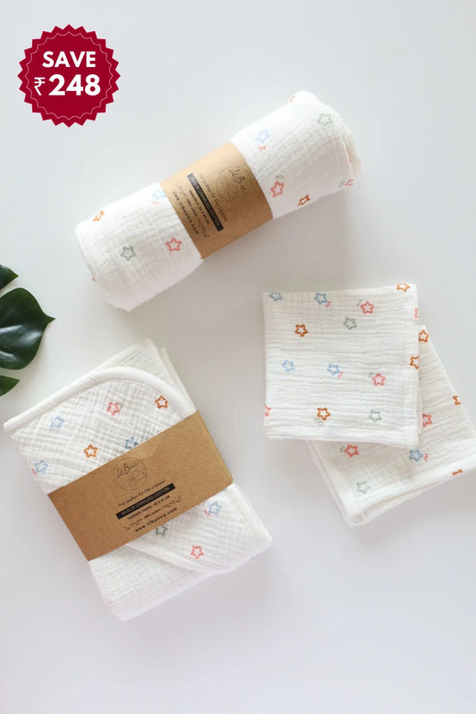Snuggle Set-10-Combo of Muslin-Baby Swaddle, Hooded Towel & Wipes