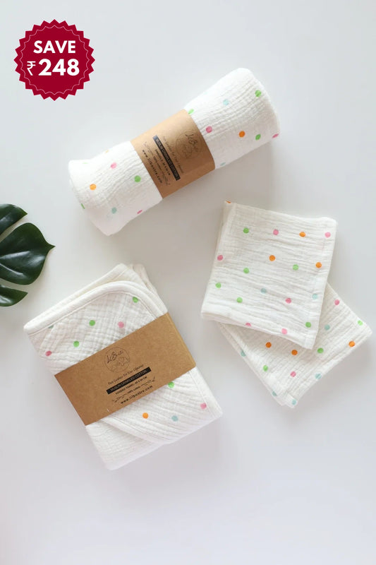 Snuggle Set-11-Combo of Muslin-Baby Swaddle, Hooded Towel & Wipes