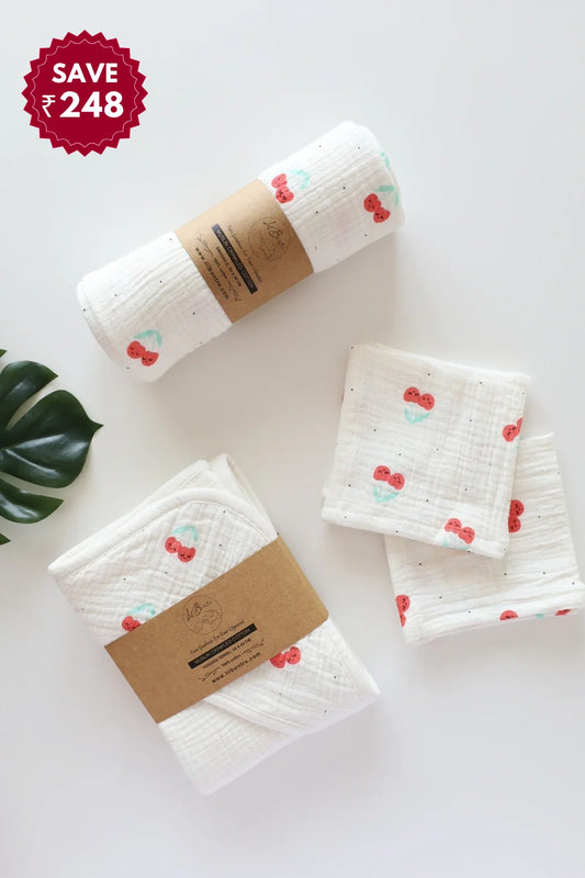 Snuggle Set-9-Combo of Muslin-Baby Swaddle, Hooded Towel & Wipes