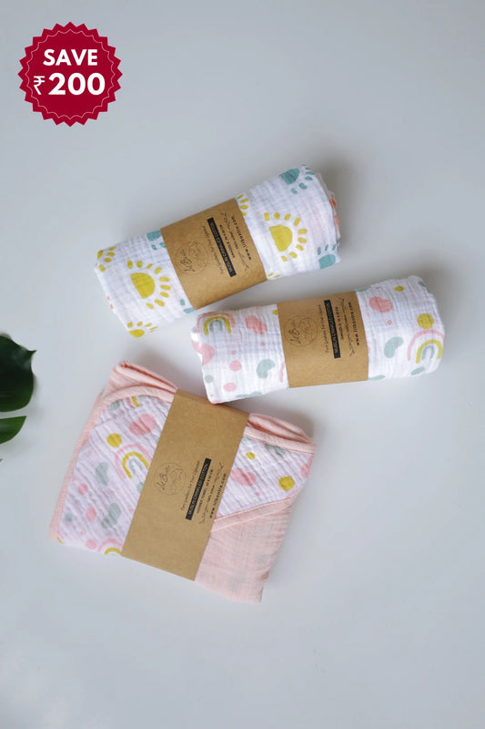 Wrap-N-Roll-Sun-Hue-Combo-of-Muslin-Baby-Hooded-Towel-and-2-Sweddles